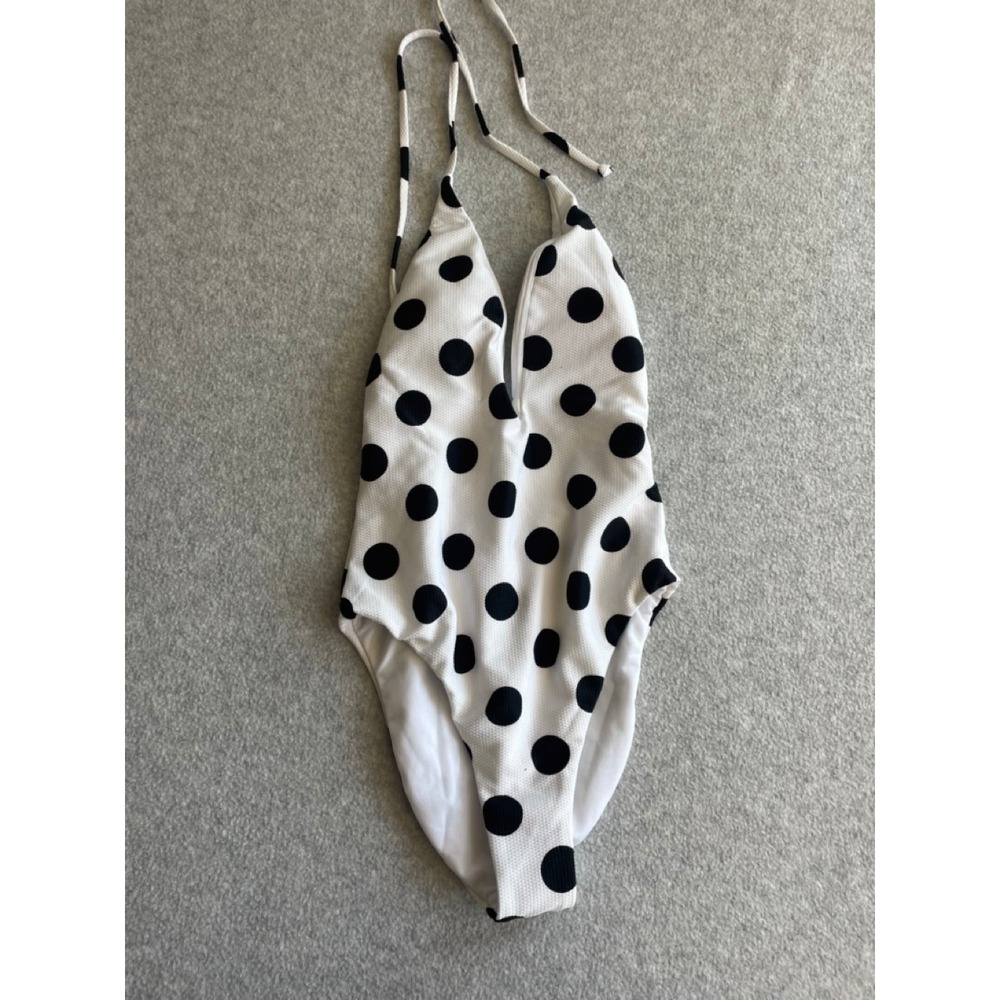 Bar III Dot One Piece Swimsuit White Black Polka Dot Halter Small NEW